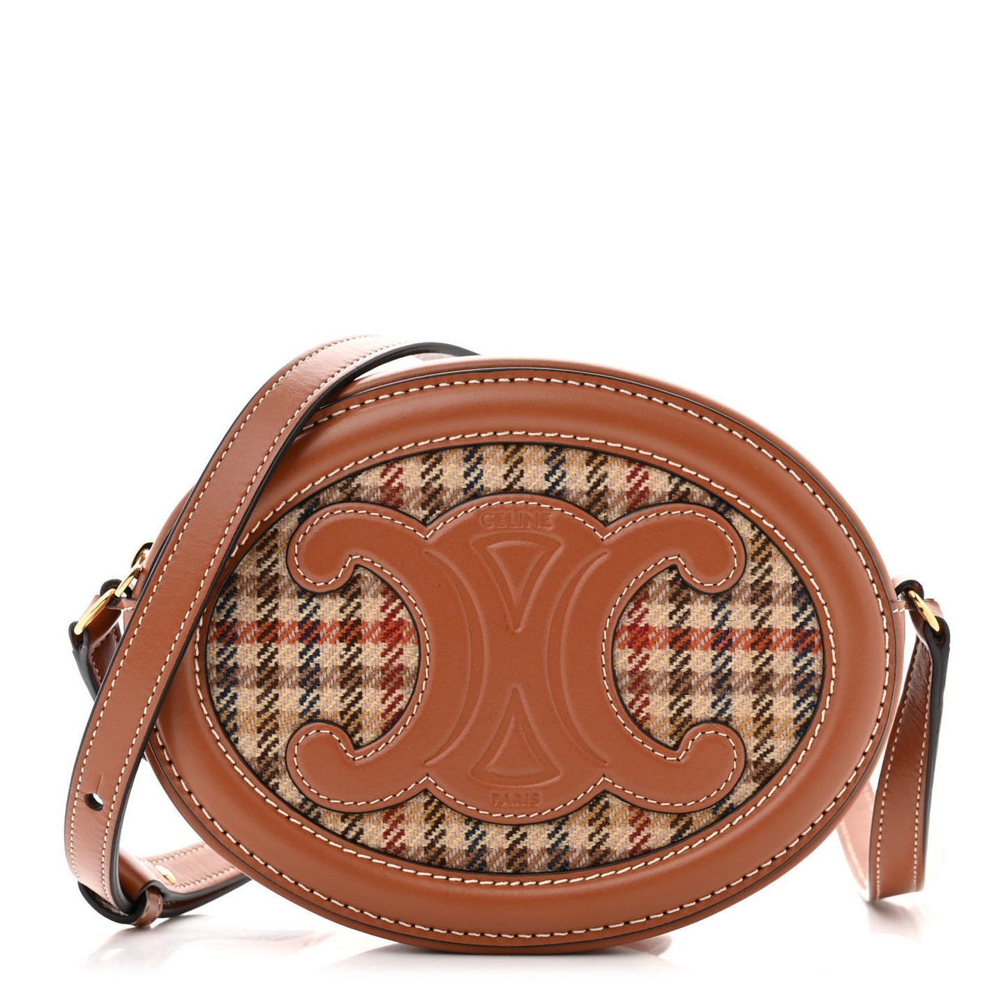 Smooth Calfskin Houndstooth Cuir Small Triomphe Oval Purse Crossbody Tan