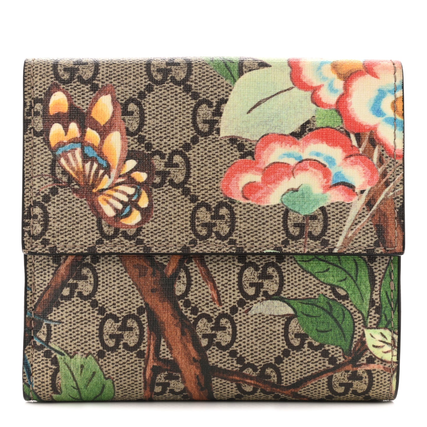 GG Supreme Monogram Tian French Flap Wallet Beige Multicolor Red