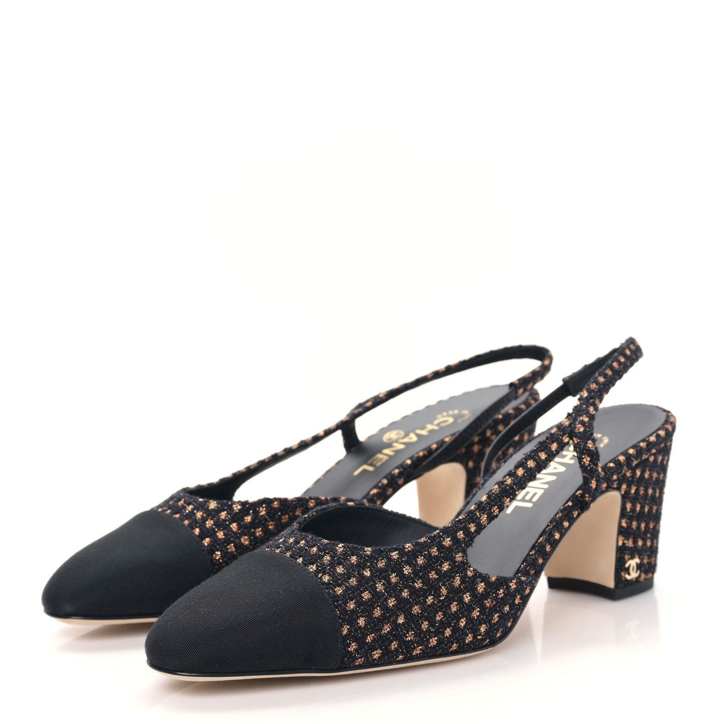 Sparkly Tweed Grosgrain Cap Toe CC Slingback Pumps 40.5 Black Gold