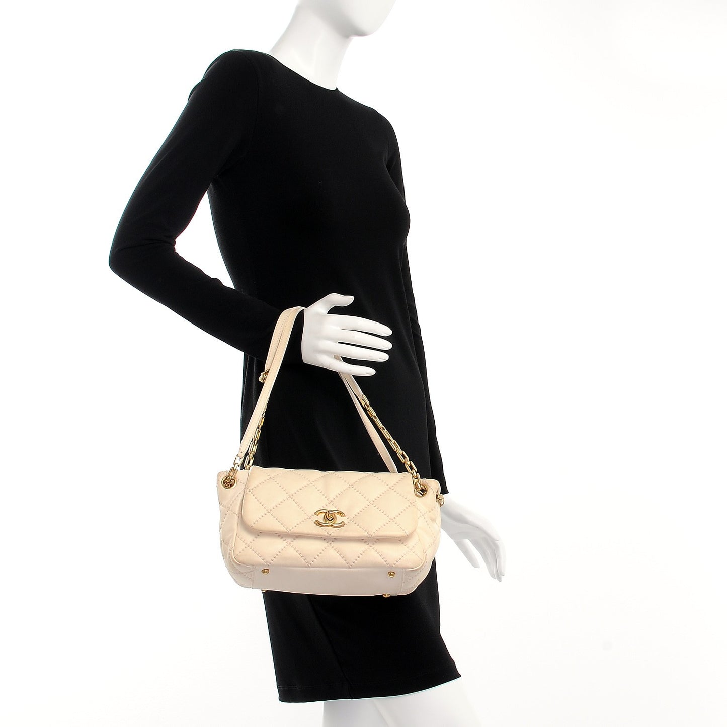 Calfskin Quilted Retro Chain Flap Beige