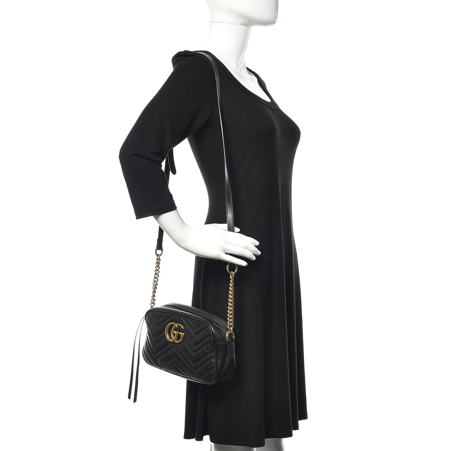Gucci Calfskin Matelasse Small GG Marmont Chain Shoulder Bag Black 2 of 14