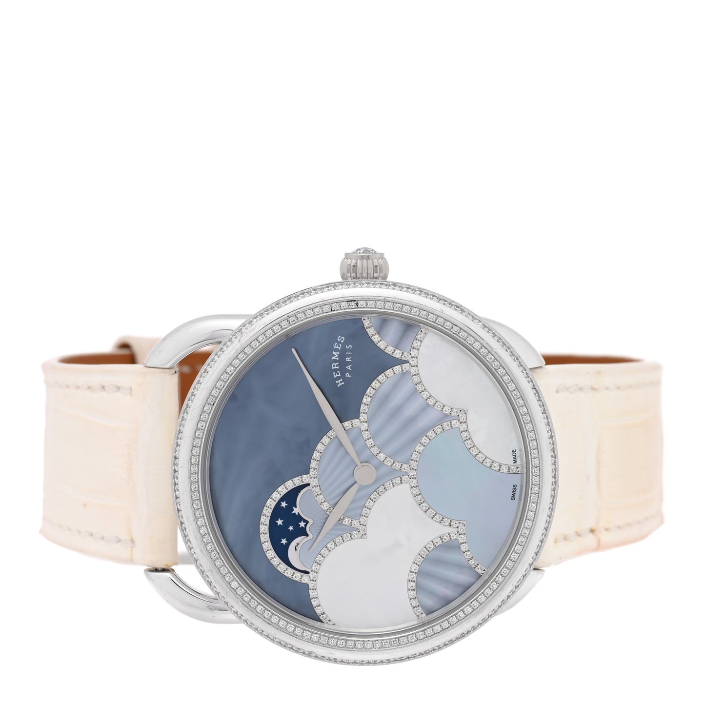 18K White Gold Alligator Diamond Bezel Mother of Pearl 38mm Arceau Petite Lune Dans Les Nuages Automatic Watch Blanc