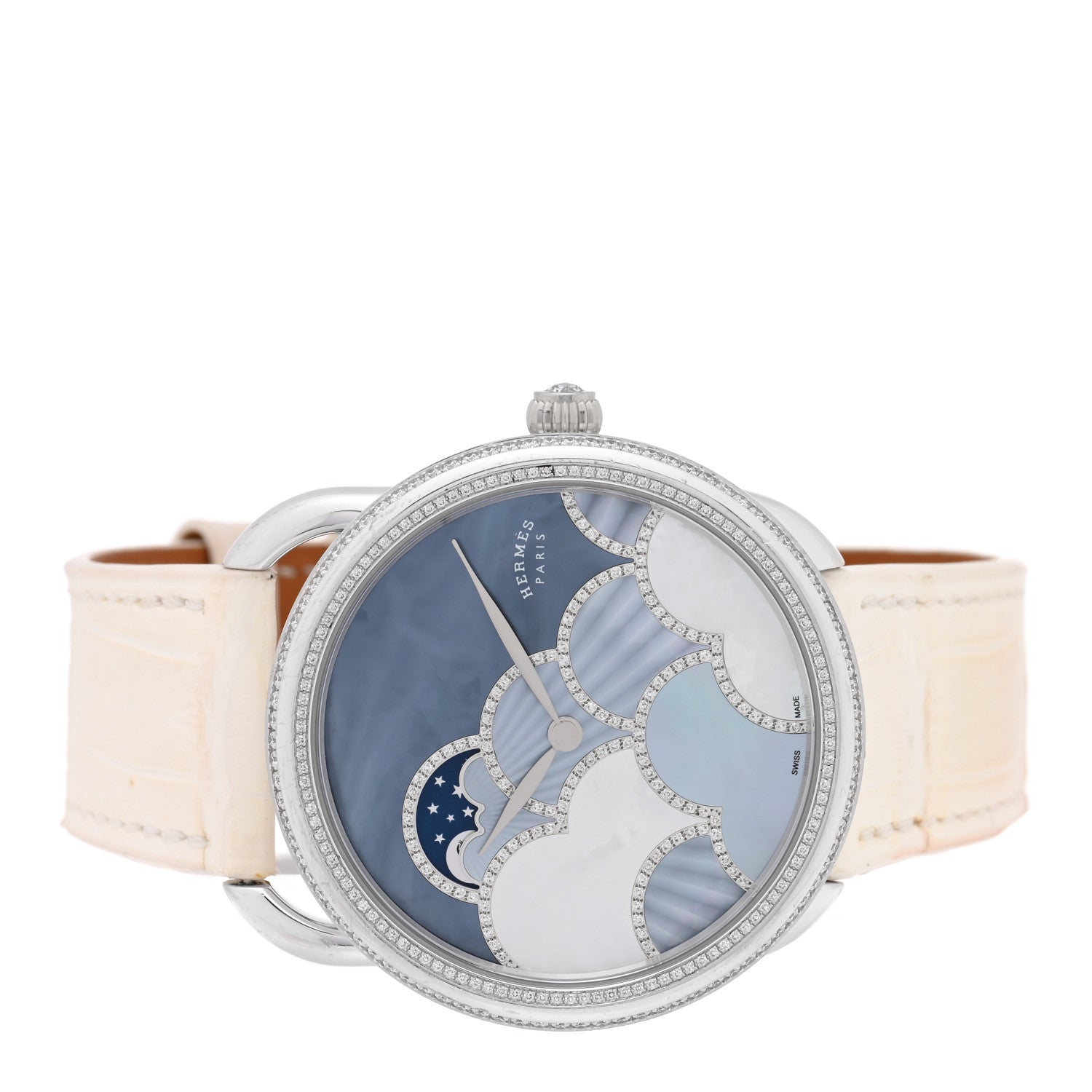 Hermes 18K White Gold Alligator Diamond Bezel Mother of Pearl 38mm Arceau Petite Lune Dans Les Nuages Automatic Watch Blanc 2 of 5