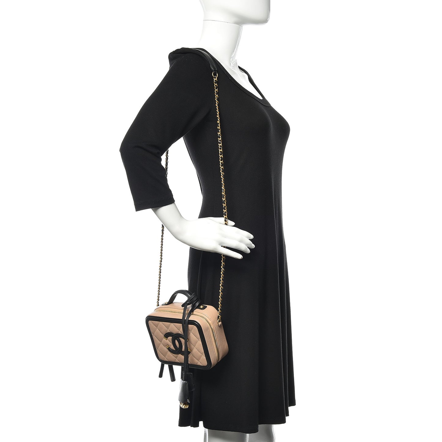 Caviar Quilted Small CC Filigree Vanity Case Beige Black