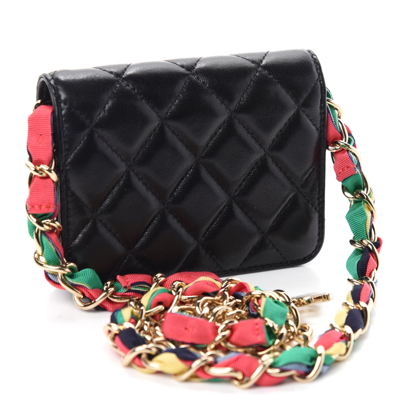 Shiny Lambskin Ribbon Quilted Flap Belt Bag Black