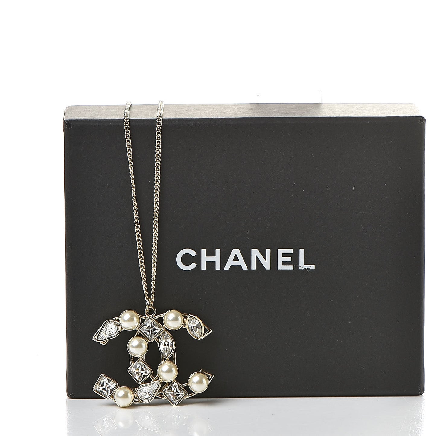 Pearl Crystal Baguette CC Pendant Necklace Gold