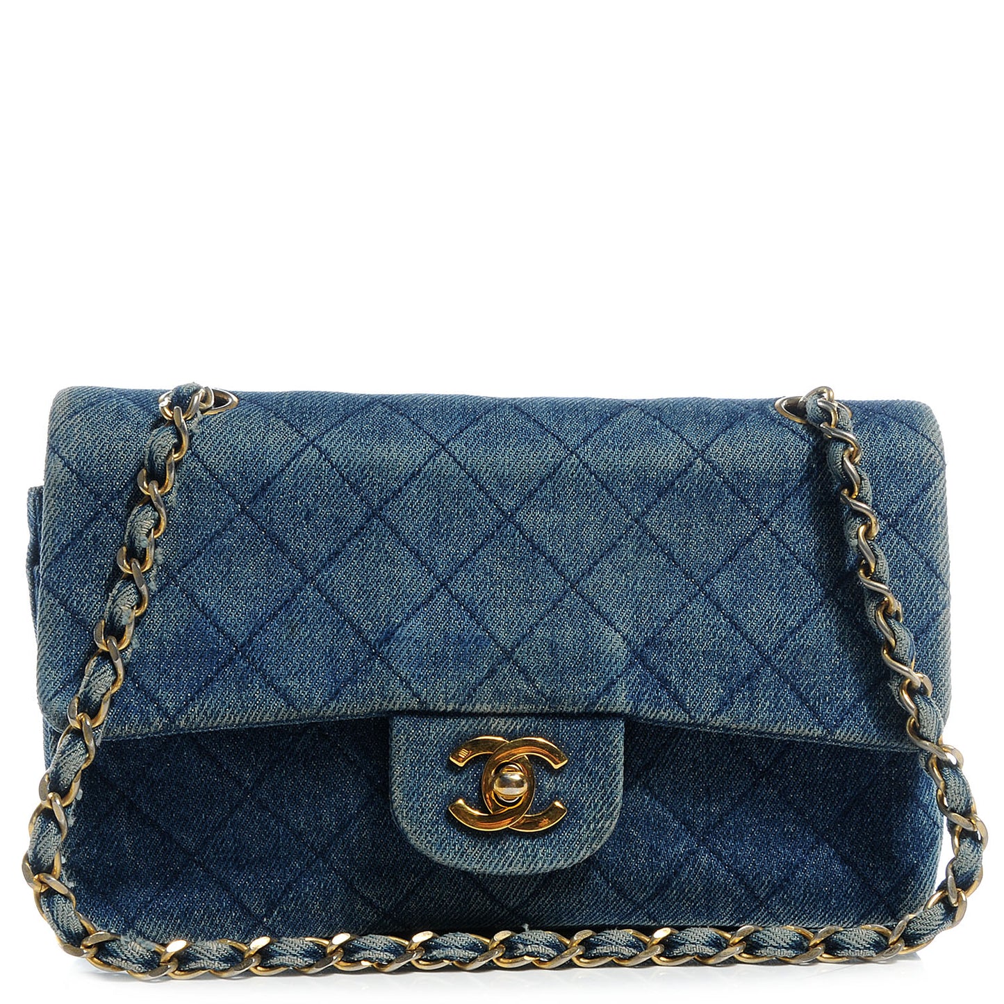 Quilted Denim Double Small Flap Blue