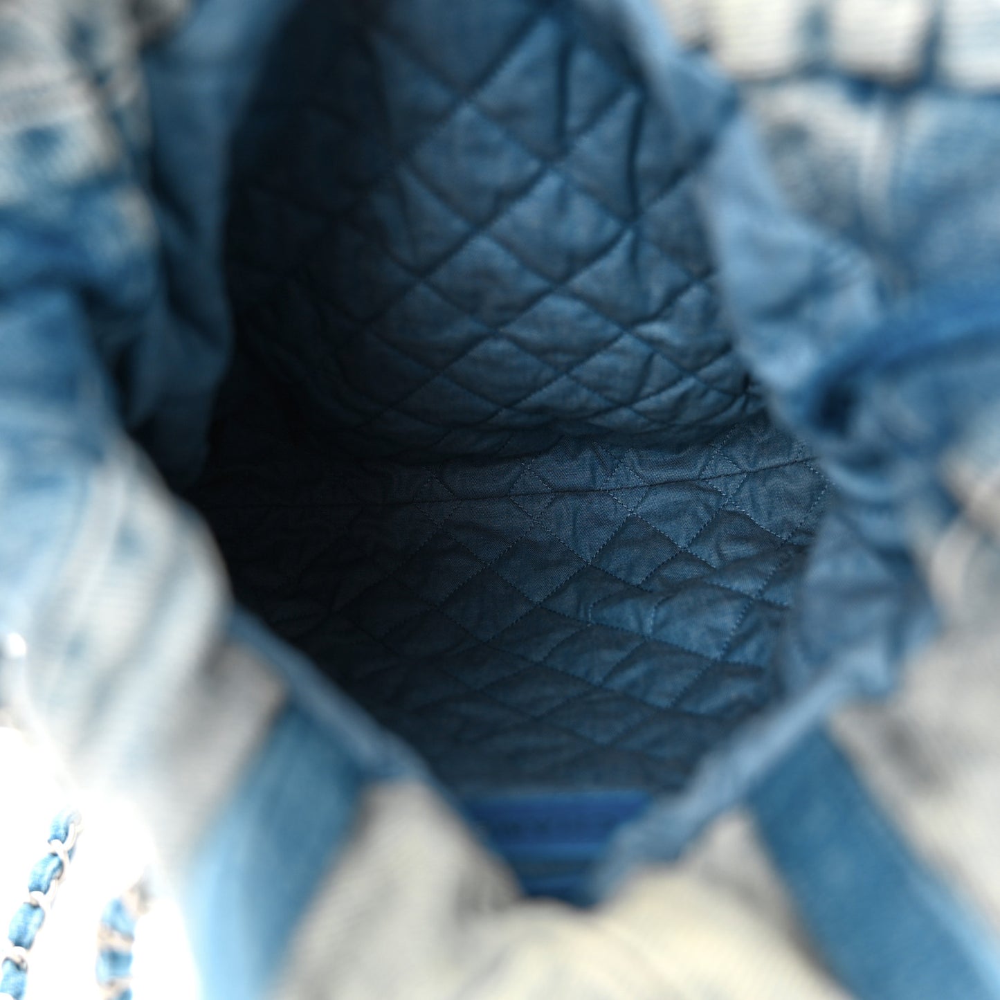 Denim Quilted Chanel 22 Backpack Blue