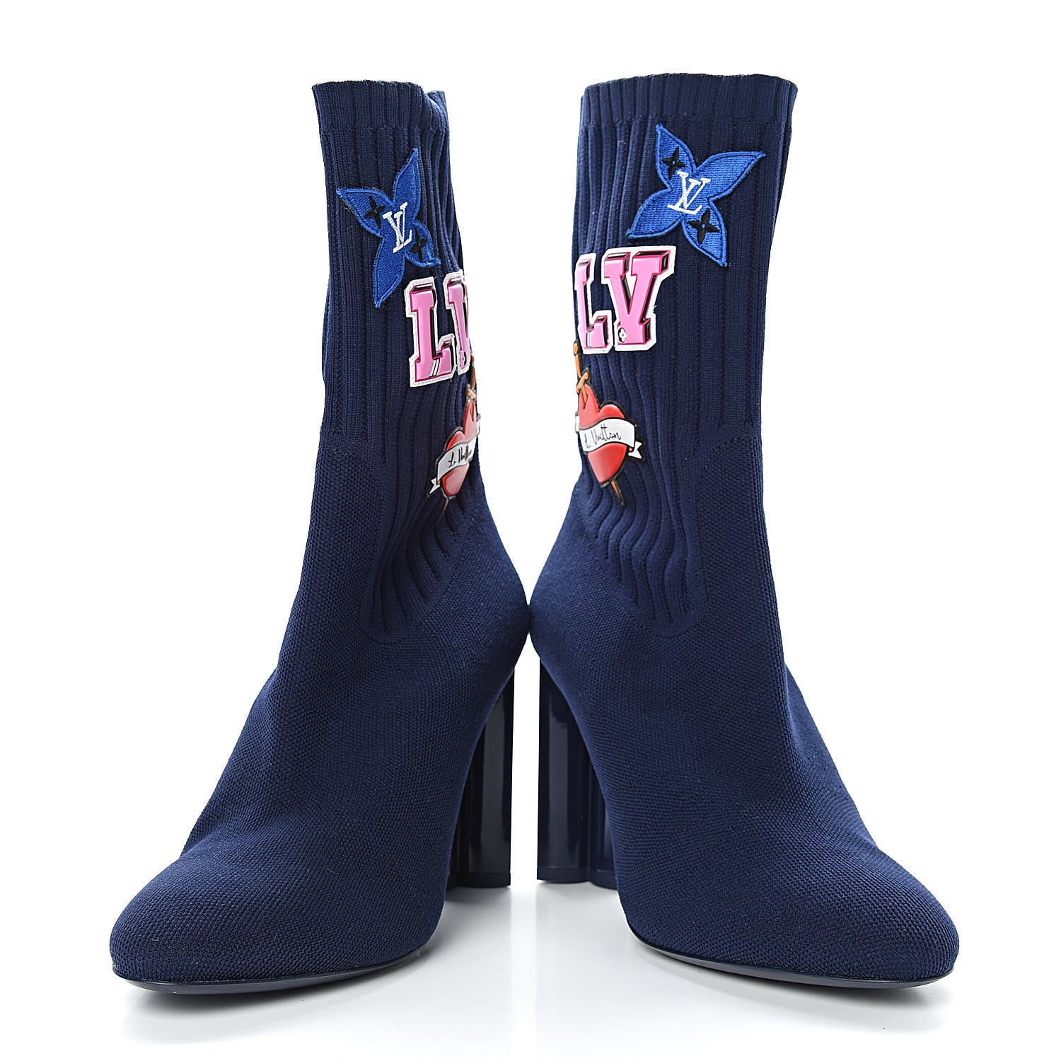 Louis Vuitton Stretch Fabric LV Black Heart Sock Ankle Boots 38.5 Marine 6 of 9