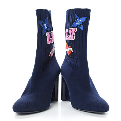 Louis Vuitton Stretch Fabric LV Black Heart Sock Ankle Boots 38.5 Marine 6 of 9