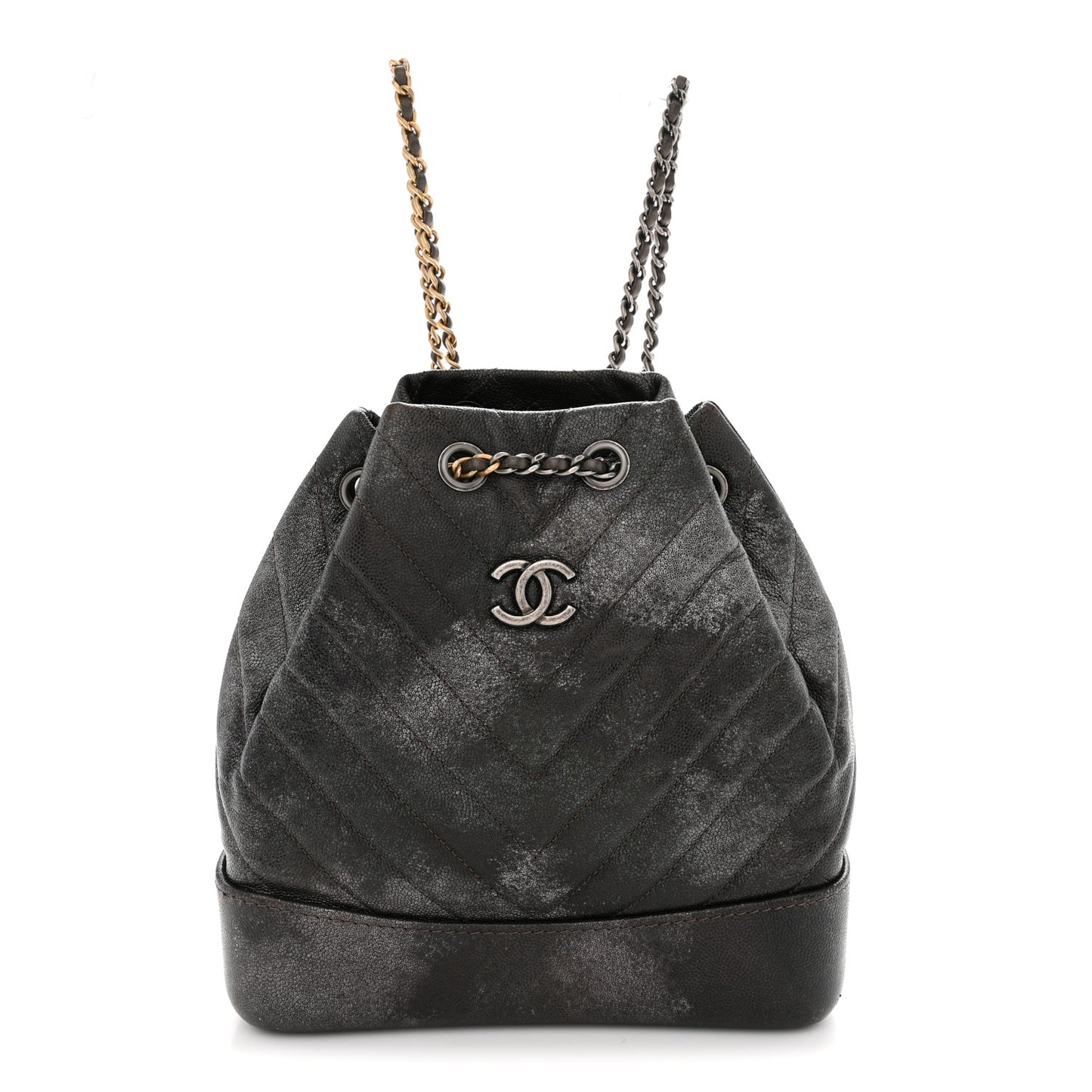 Metallic Grained Goatskin Chevron Quilted Gabrielle Backpack Dark Silver Gold