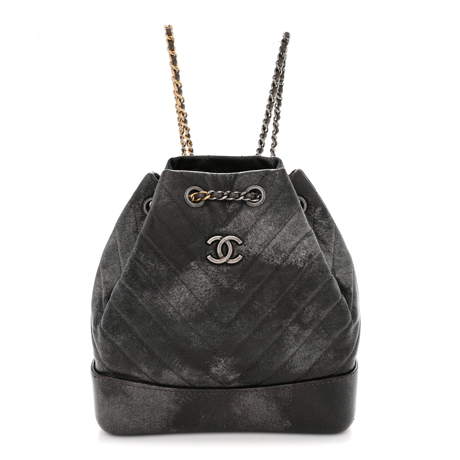 Chanel Metallic Grained Goatskin Chevron Quilted Gabrielle Backpack Dark Silver Gold 1 of 9
