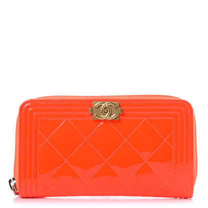 Chanel Patent Quilted Small Boy Zip Around Wallet Orange 1 of 9