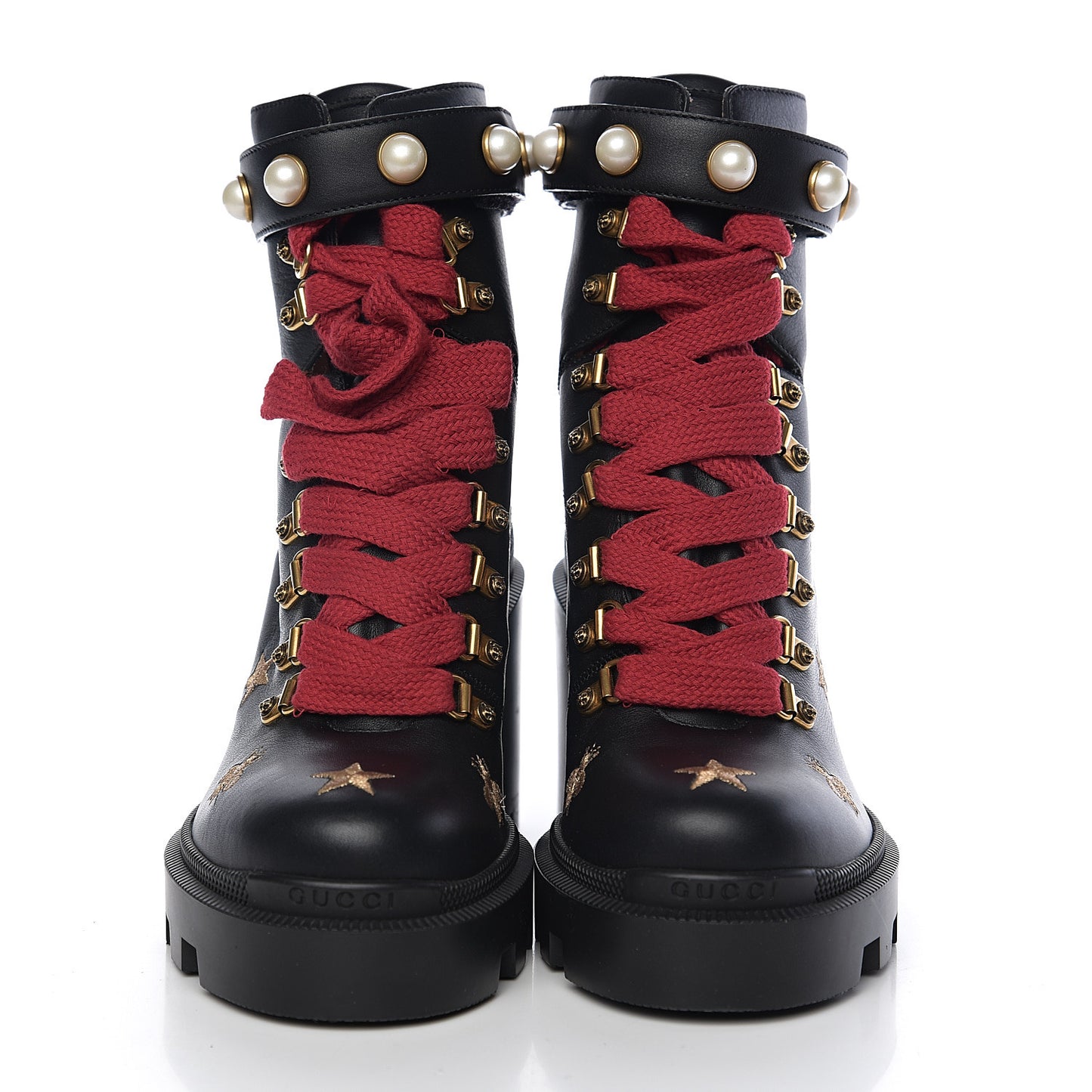 Calfskin Bee Star Embroidered Lace Up Combat Ankle Boots 37 Black