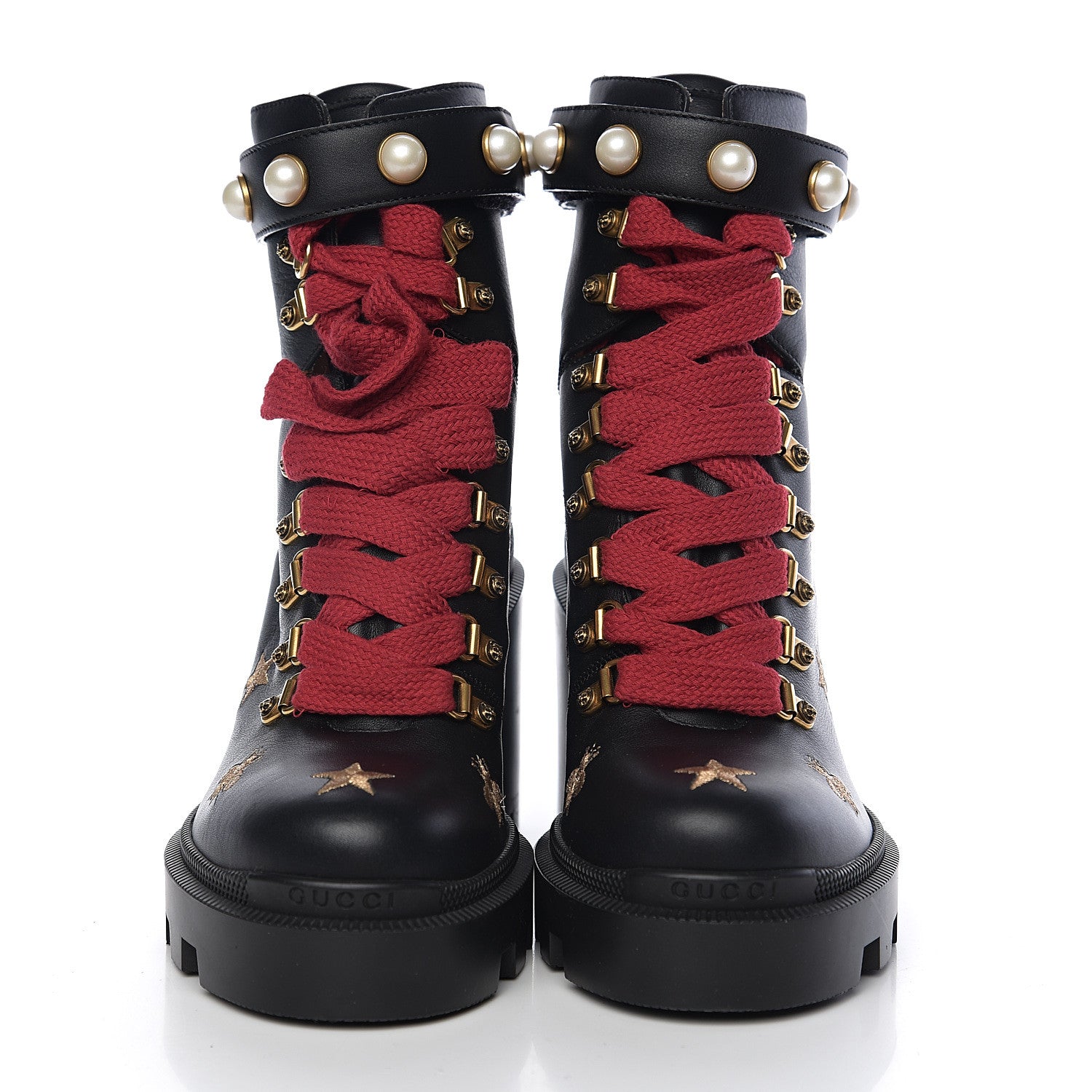 Gucci Calfskin Bee Star Embroidered Lace Up Combat Ankle Boots 37 Black 2 of 6