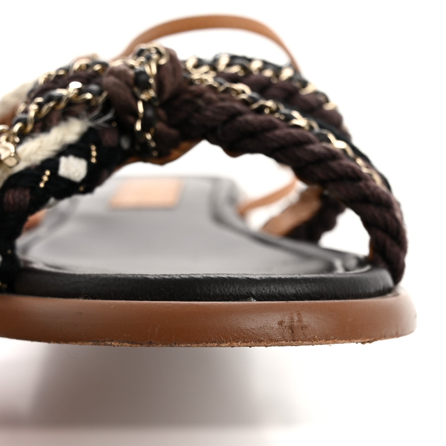 Chanel Lambskin Cord Chain CC Sandals 38.5 Brown Black Ivory 12 of 14