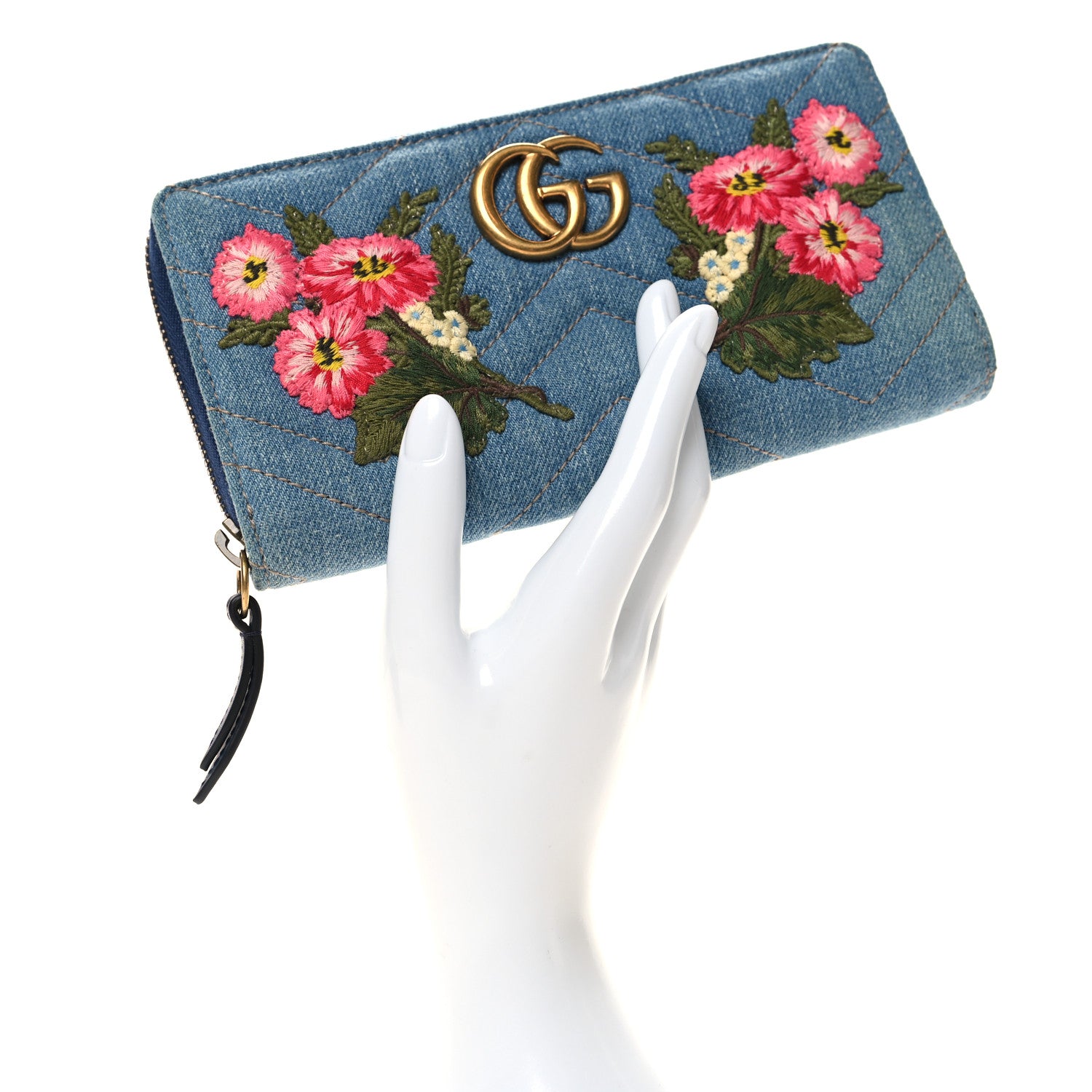 Gucci Denim Matelasse Floral Embroidered GG Marmont Zip Around Wallet Blue 2 of 8