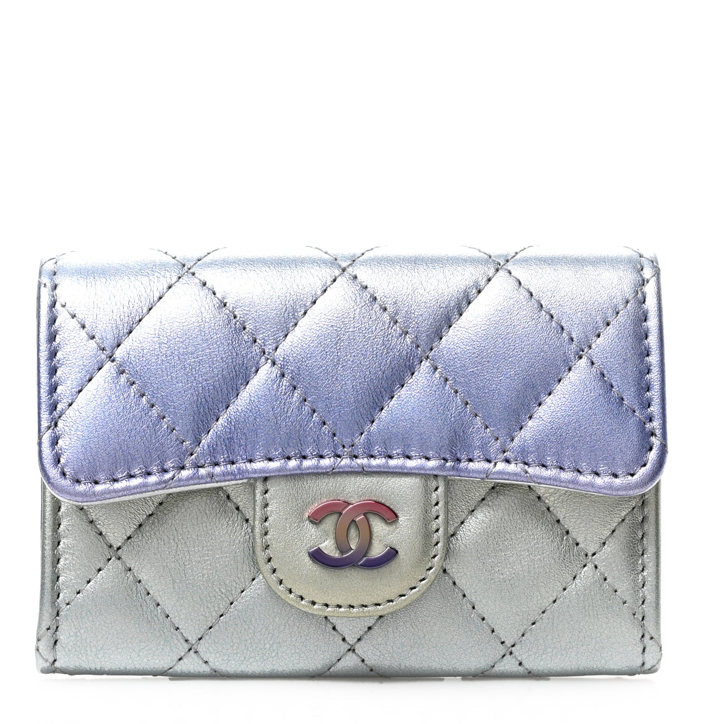 Gradient Metallic Calfskin Quilted Flap Card Holder Wallet Silver Blue Yellow Purple