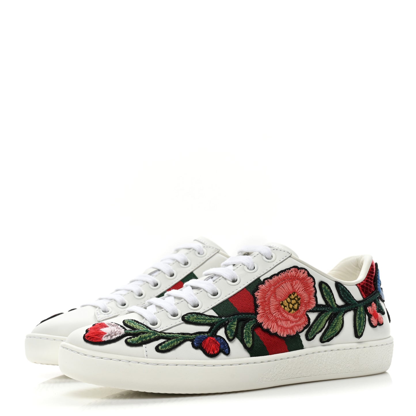Calfskin Web Floral Embroidered Womens Ace Sneakers 35 White