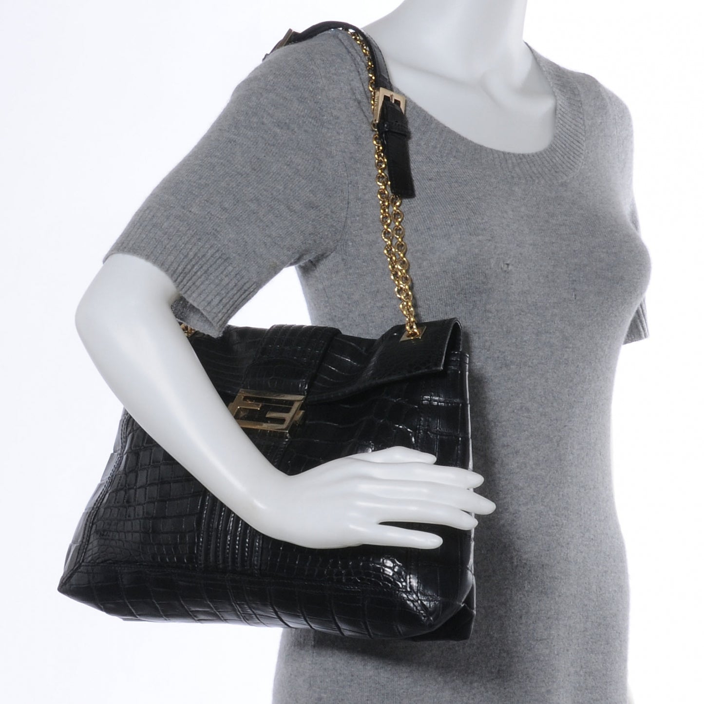 Calfskin Crocodile Embossed Maxi Baguette Black