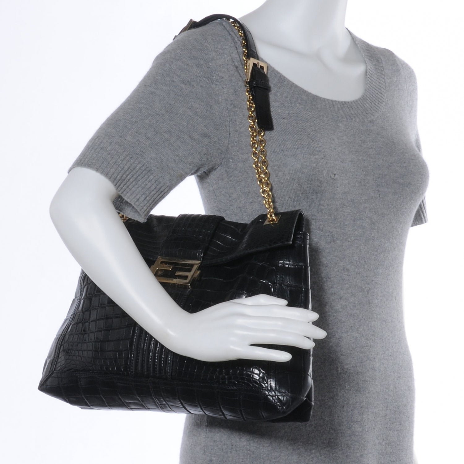 Fendi Calfskin Crocodile Embossed Maxi Baguette Black 2 of 9