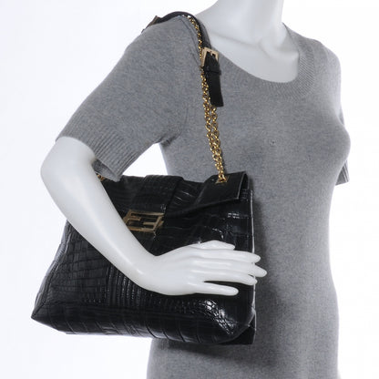 Fendi Calfskin Crocodile Embossed Maxi Baguette Black 2 of 9