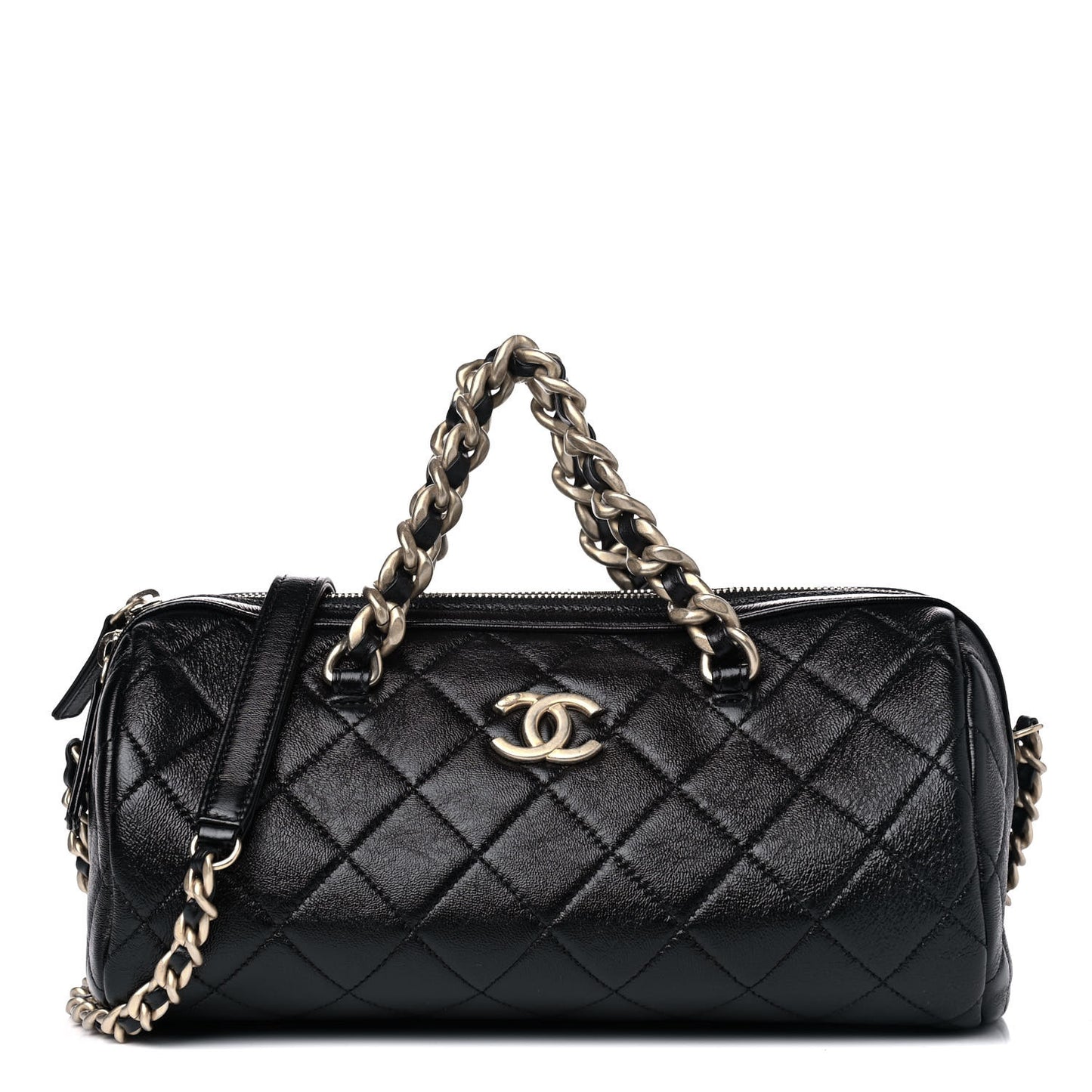 Shiny Lambskin Quilted Fashion Therapy Bowling Bag Black
