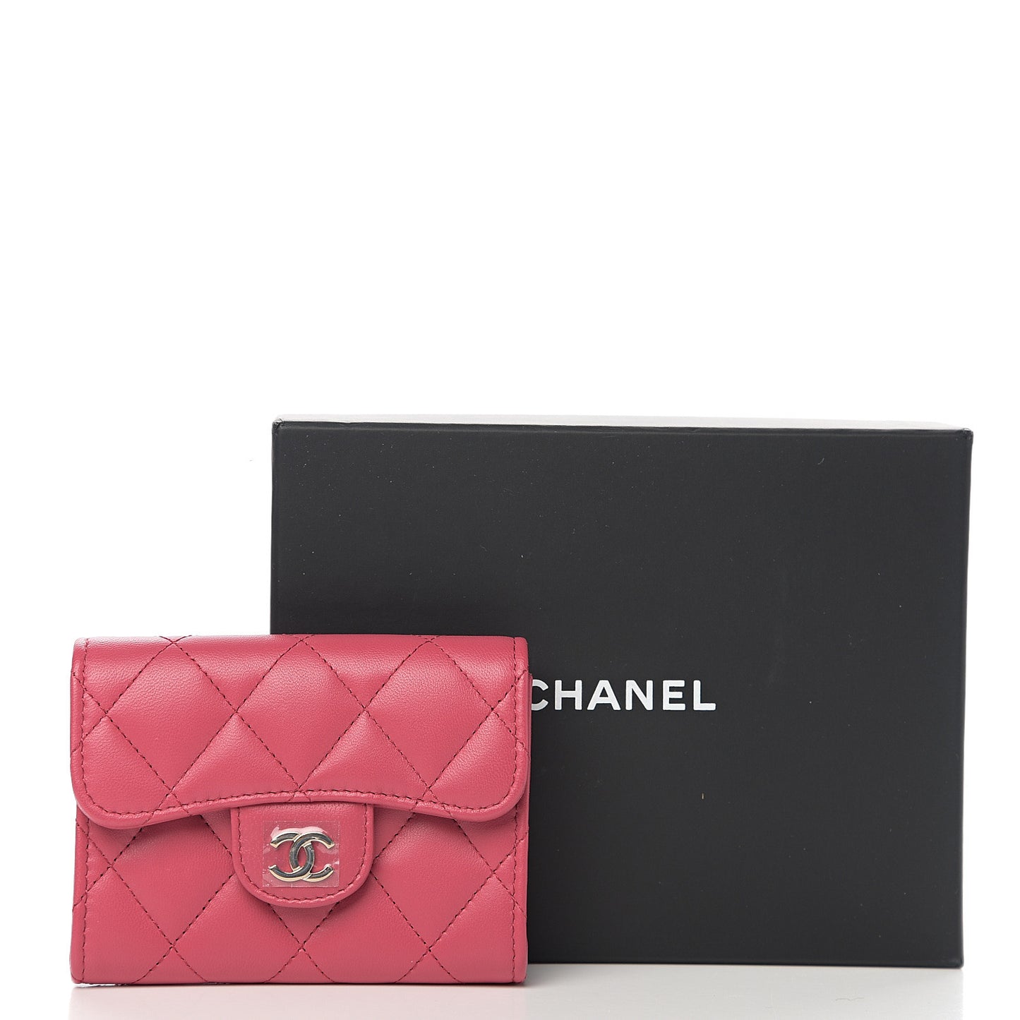 Lambskin Quilted Flap Card Holder Wallet Dark Pink