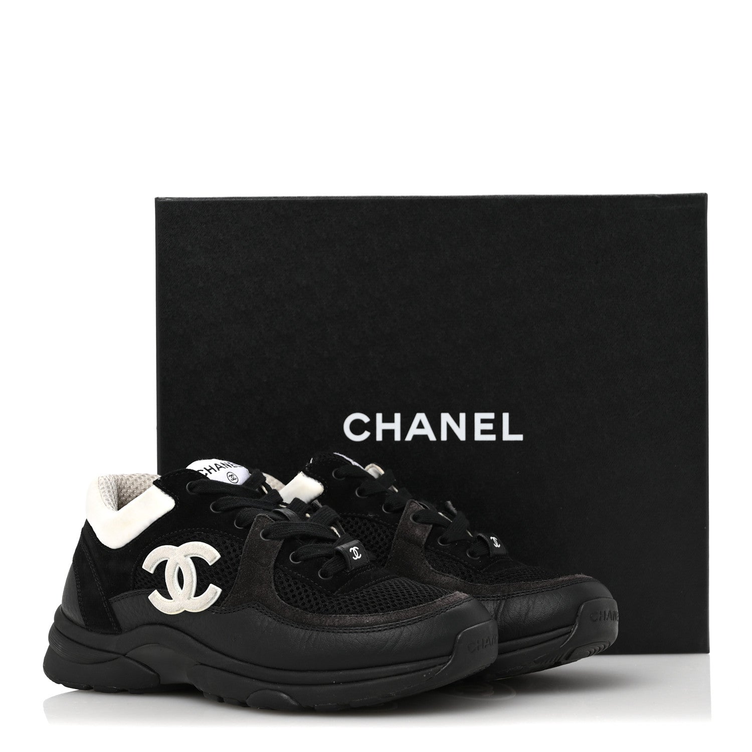 Chanel Mesh Suede Grained Calfskin Womens CC Sneakers 36 Black White 10 of 10