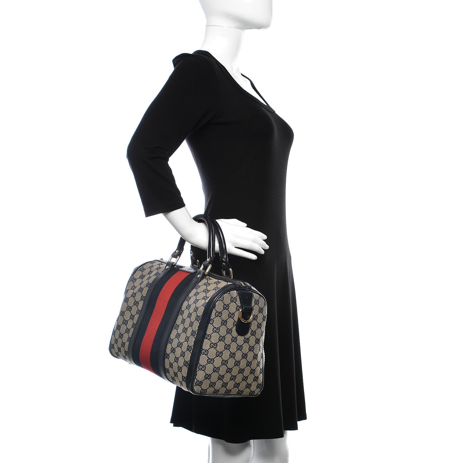 Gucci Monogram Selleria Calfskin Vintage Web Medium Boston Beige Blue 3 of 14