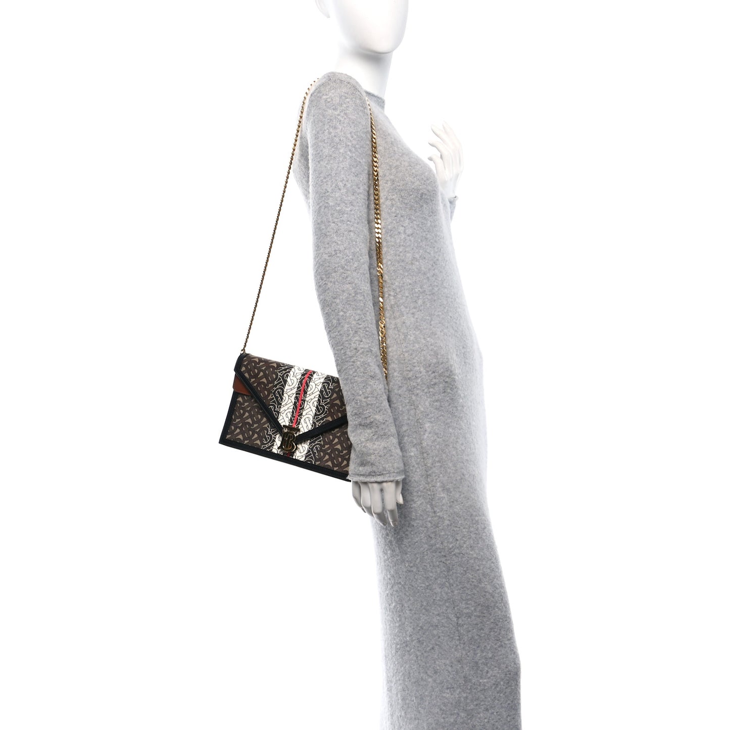 E-Canvas Monogram Stripe Small TB Envelope Clutch Bridle Brown