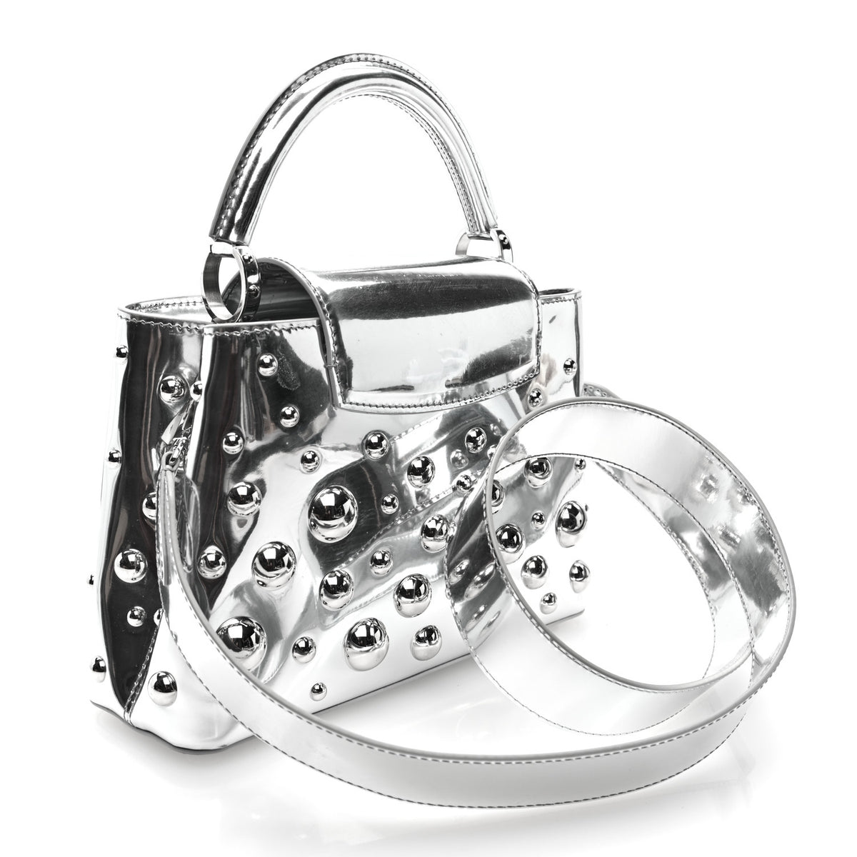 LV X YK Metallic Taurillon Brass Metal Dots Capucines BB Silver