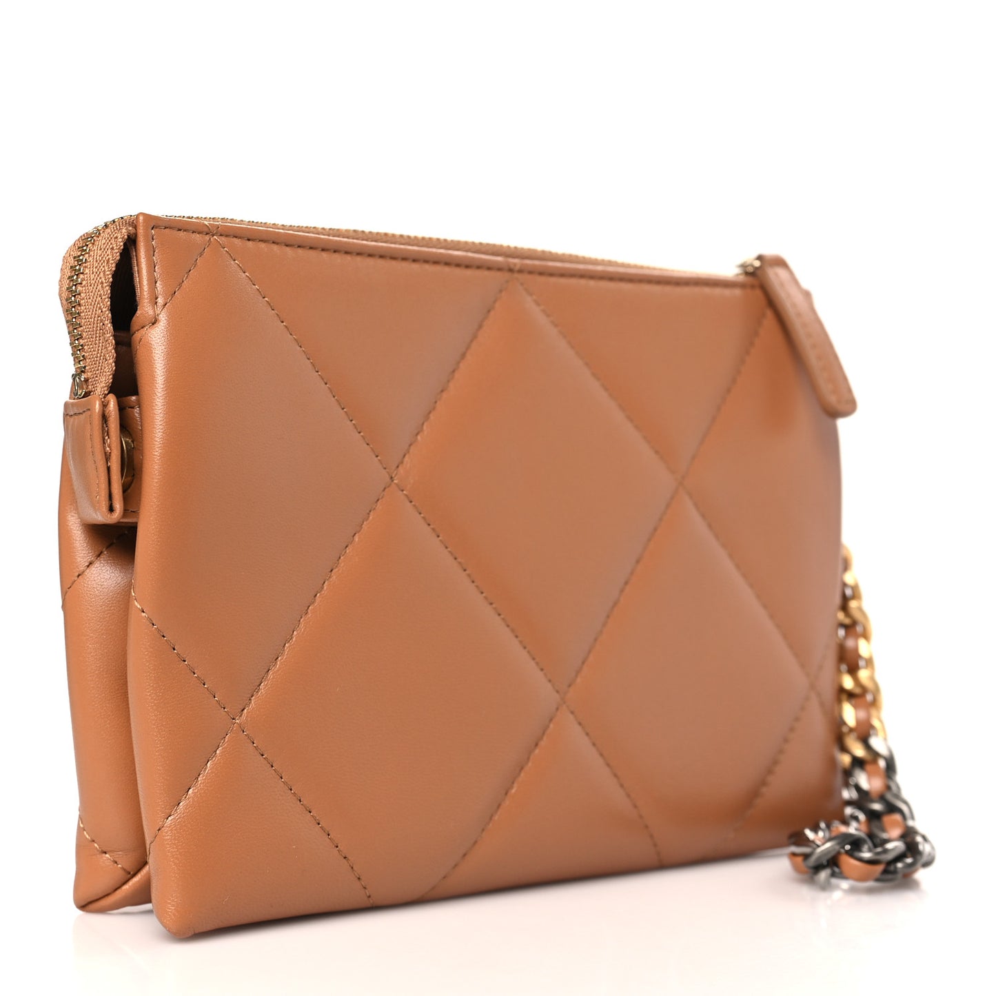 Shiny Goatskin Quilted Small Chanel 19 Pouch With Handle Brown