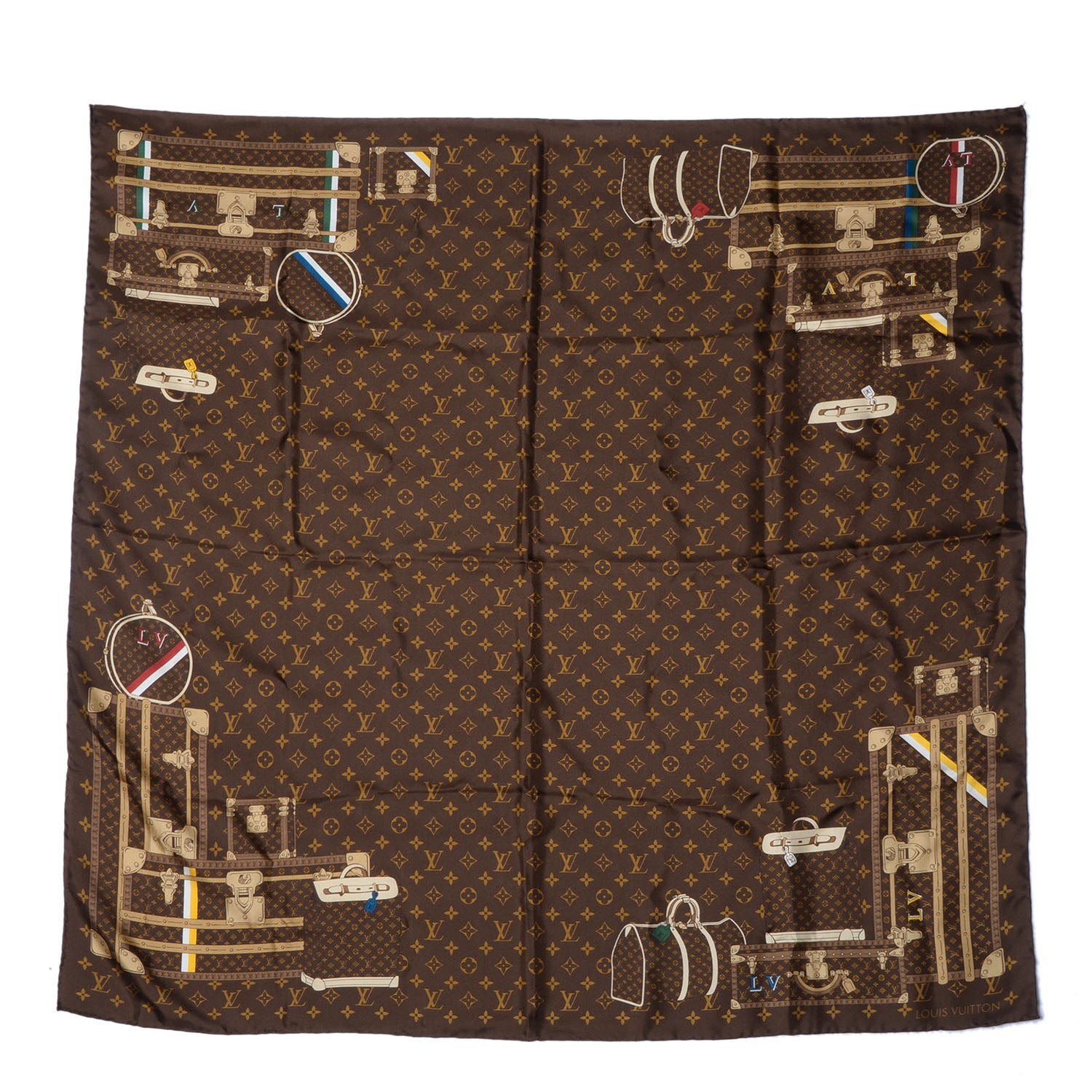 Louis Vuitton Silk Monogram Trunks Square Scarf Brown 2 of 5