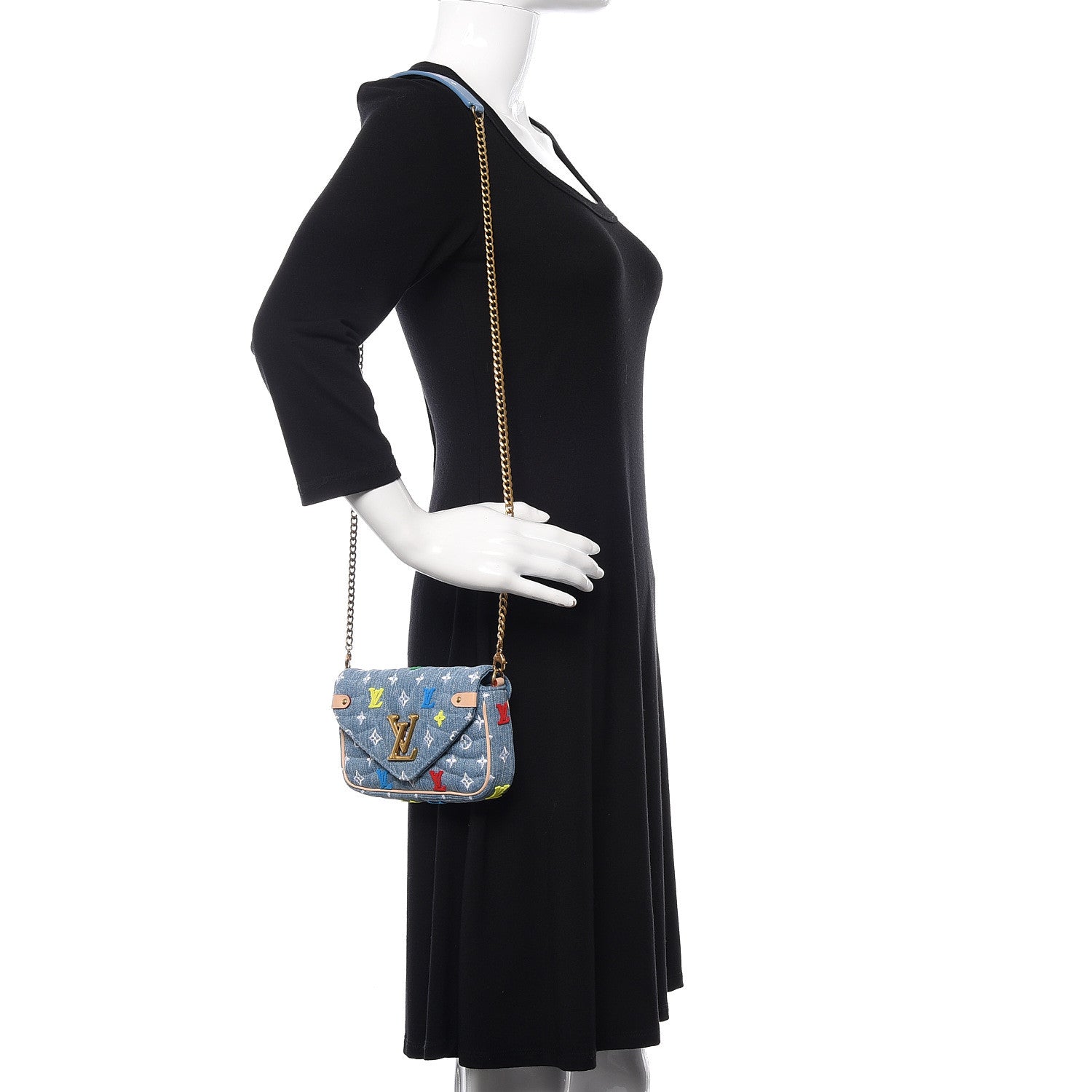 Louis Vuitton Embroidered Monogram Denim New Wave Chain Pochette Blue 2 of 13