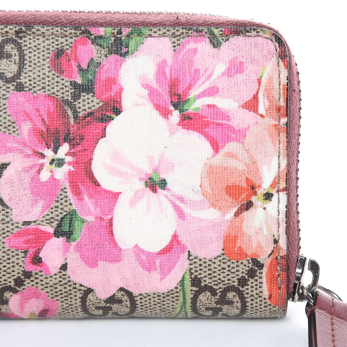 GG Supreme Monogram Blooms Zip Around Card Case Wallet Beige Multicolor Dry Rose