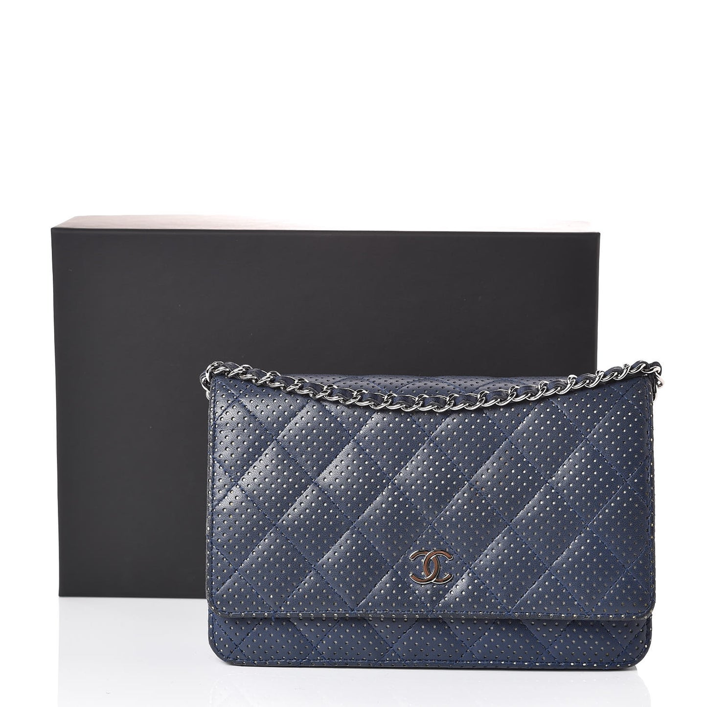 Perforated Lambskin Quilted Wallet On Chain WOC Blue