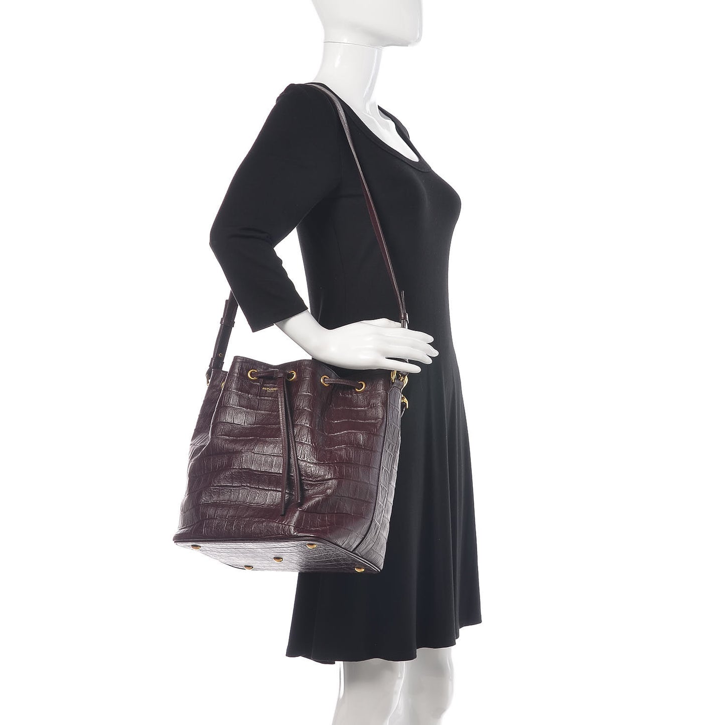 Calfskin Crocodile Embossed Large Emmanuelle Bucket Bag Burgundy