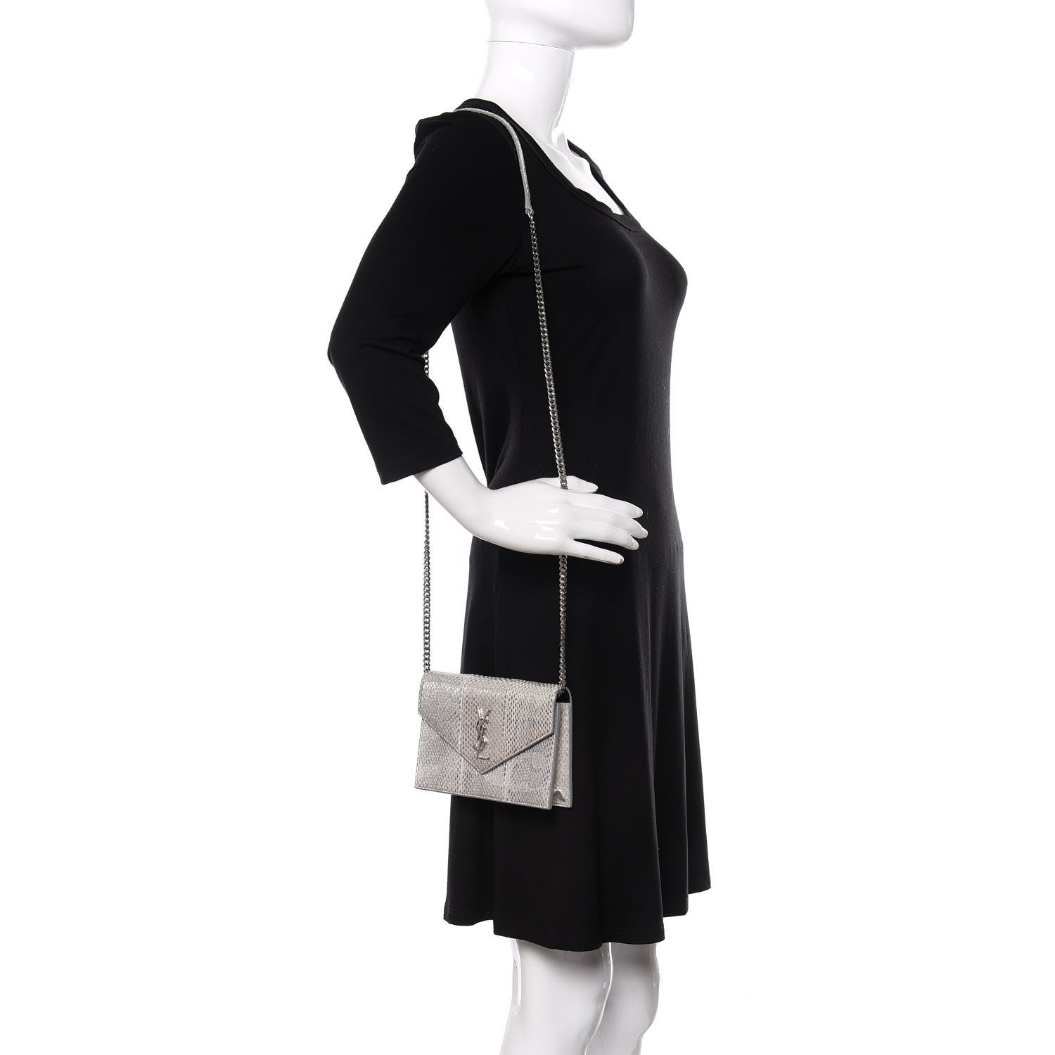 Saint Laurent Ayers Snakeskin Monogram Envelope Chain Wallet Silver Black 2 of 11