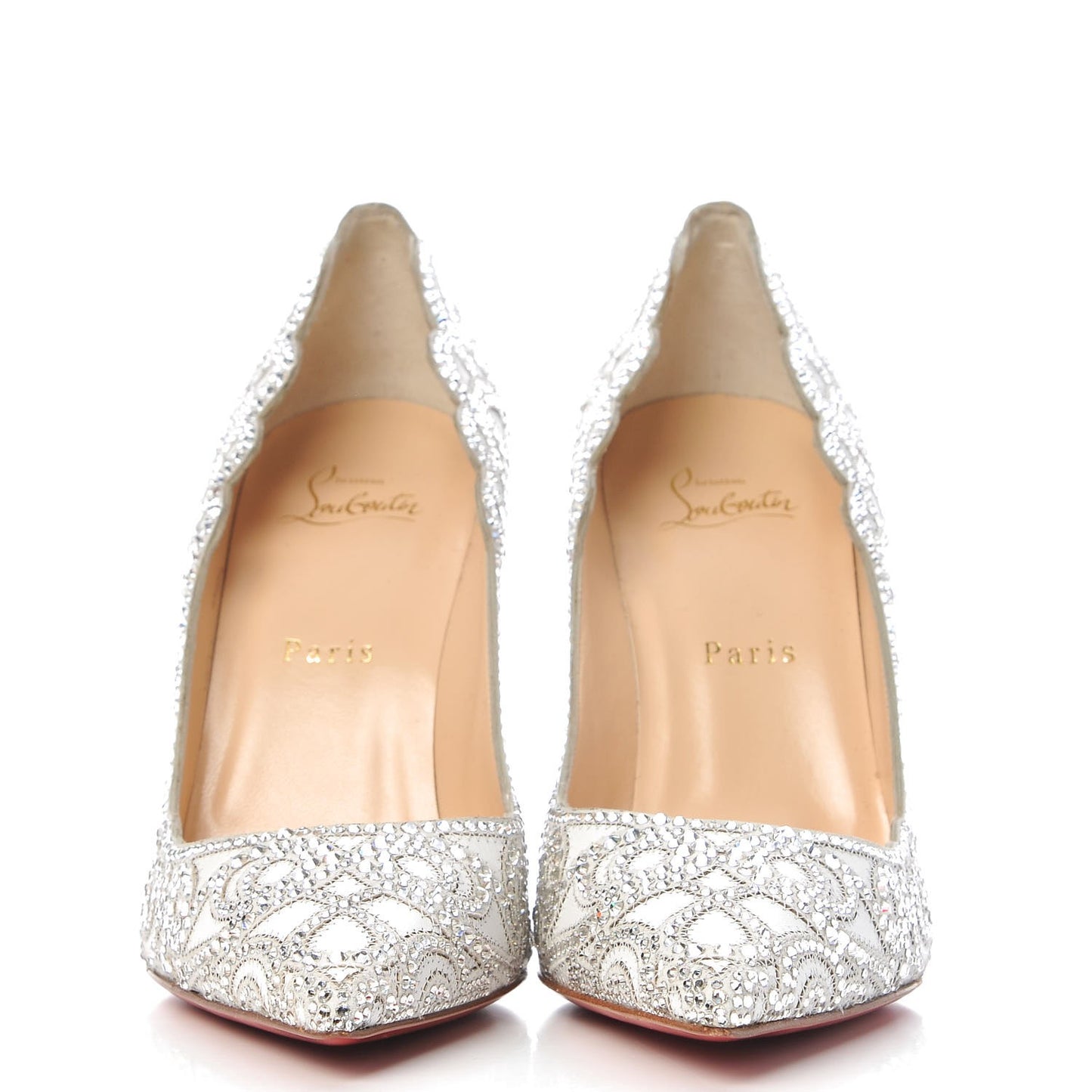 Calfskin Scalloped Lace Crystal Top Vague 100 Pumps 39 White