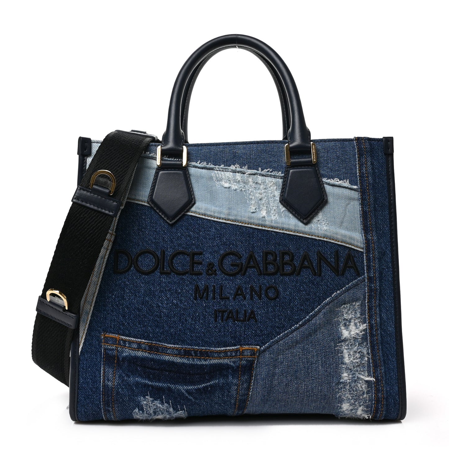 Calfskin Denim Patchwork Logo Shopper Tote Blue