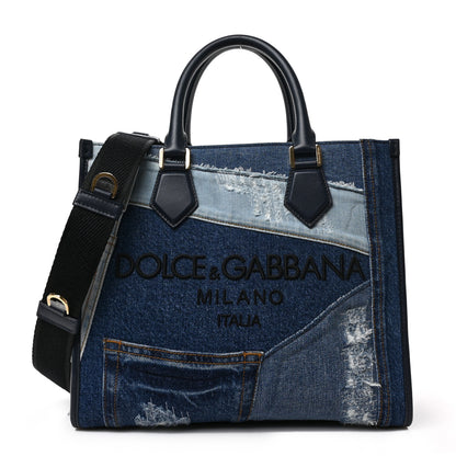 Dolce & Gabbana Calfskin Denim Patchwork Logo Shopper Tote Blue 1 of 9