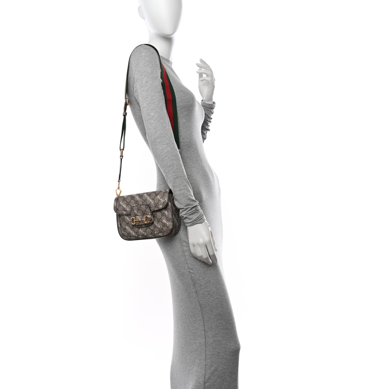 Gucci X BALENCIAGA GG Supreme Monogram Logo Print Horsebit 1955 Shoulder Bag Beige Ebony 2 of 11