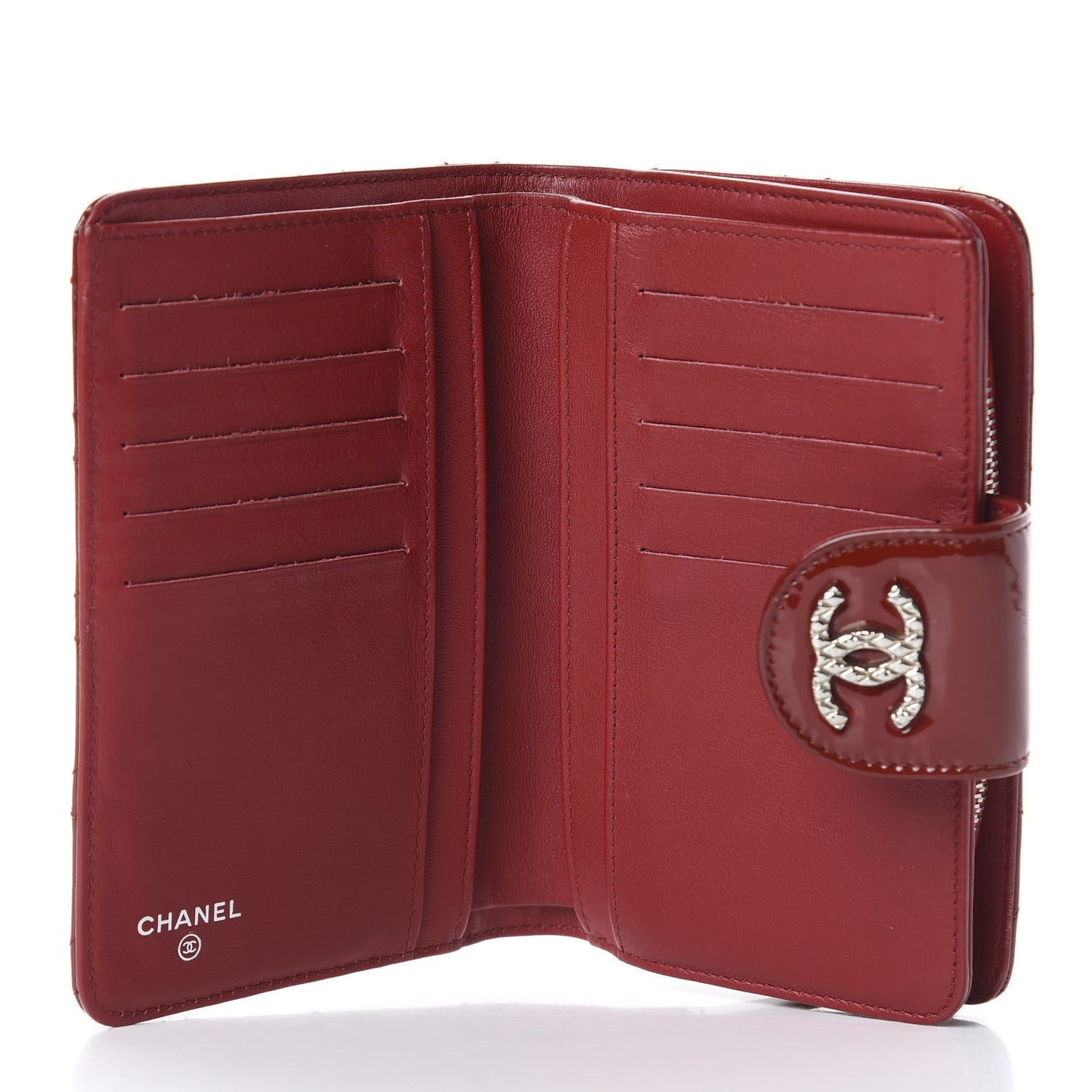 Patent Quilted Brilliant Zipped Pocket Wallet Dark Red