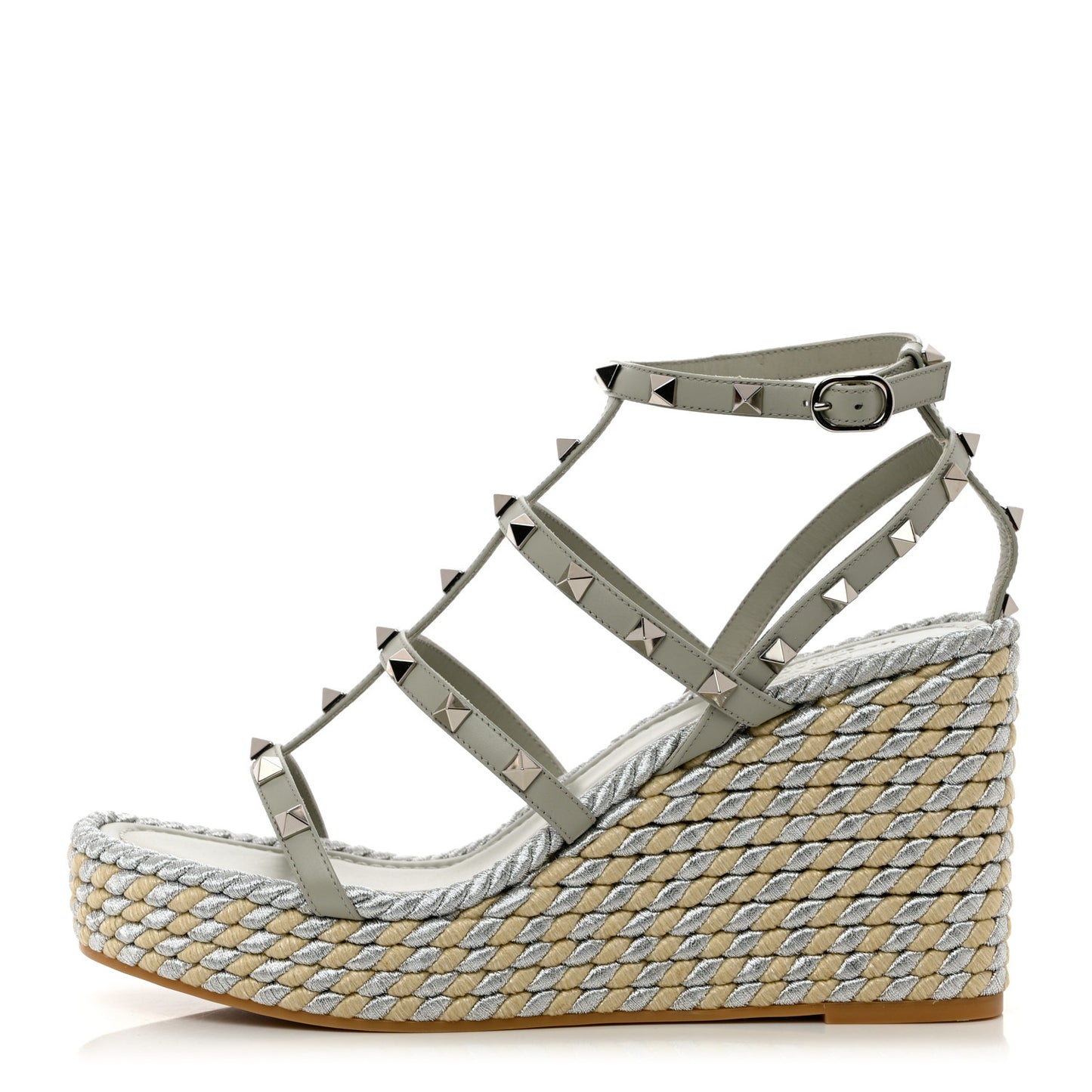 Calfskin Rockstud Ankle Strap Torchon Espadrille Caged 25/95mm Wedge Sandals 41 Opal Grey Argento Champagne