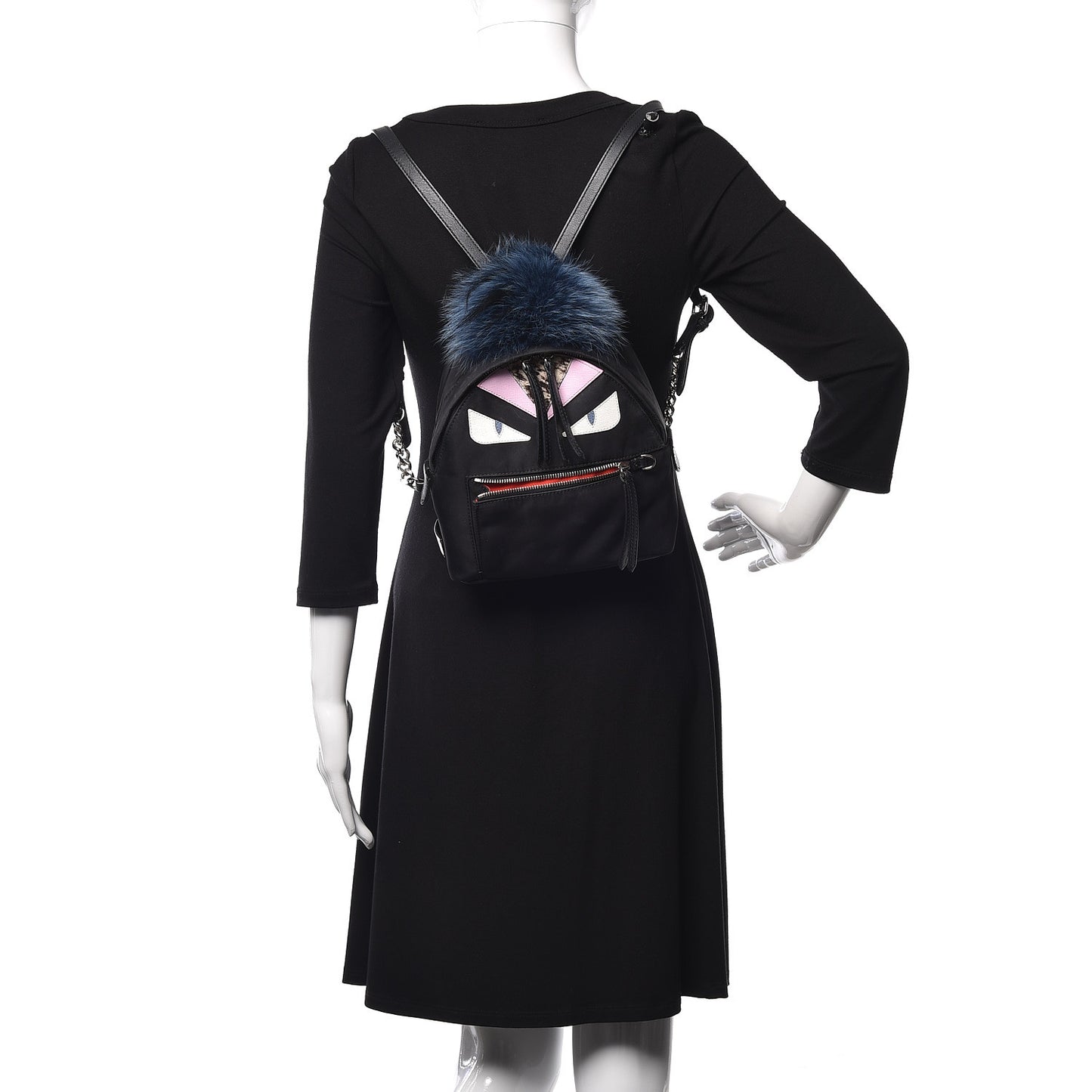 Nylon Vitello Fox Goat Fur Monster Eyes Mini Backpack Black Multicolor Sky