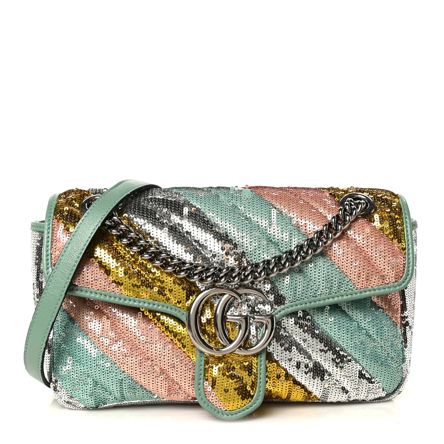 Sequin Satin Calfskin Matelasse Diagonal Small GG Marmont Shoulder Bag Grigio Argento Verde Chiaro Rosa Giallo Light Water Green