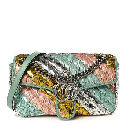 Gucci Sequin Satin Calfskin Matelasse Diagonal Small GG Marmont Shoulder Bag Grigio Argento Verde Chiaro Rosa Giallo Light Water Green 1 of 12