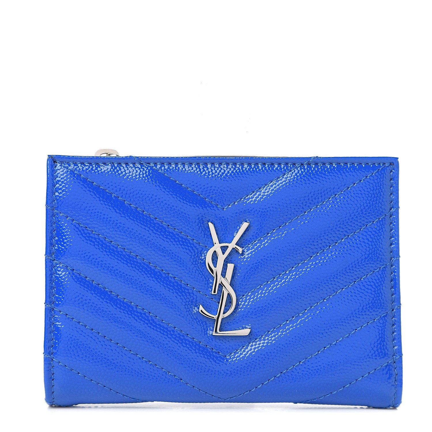 Saint Laurent Patent Grain De Poudre Matelasse Chevron Monogram Zipped Two-Part Wallet Royal Blue 1 of 6