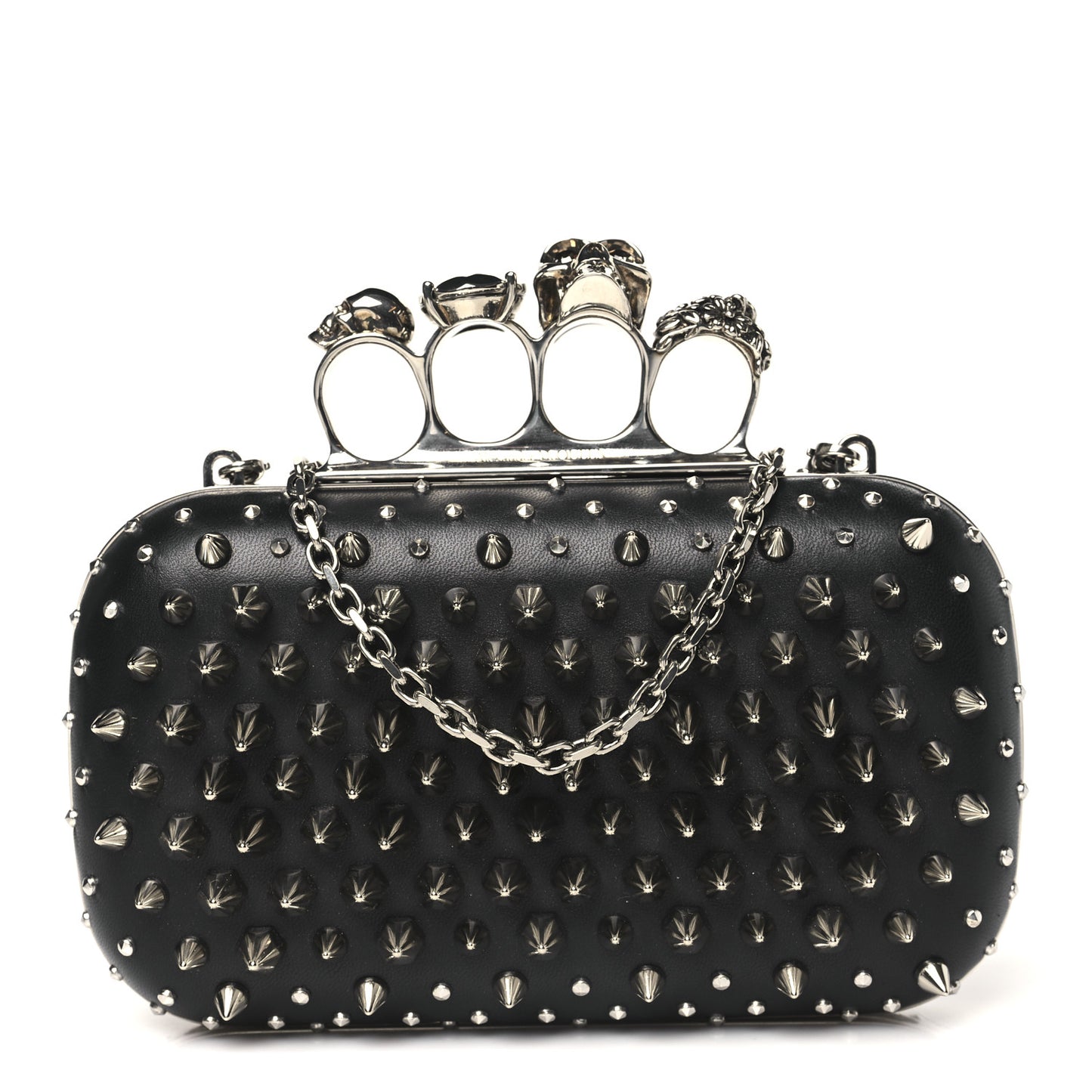 Calfskin Spike Studded Knuckle Box Clutch Black